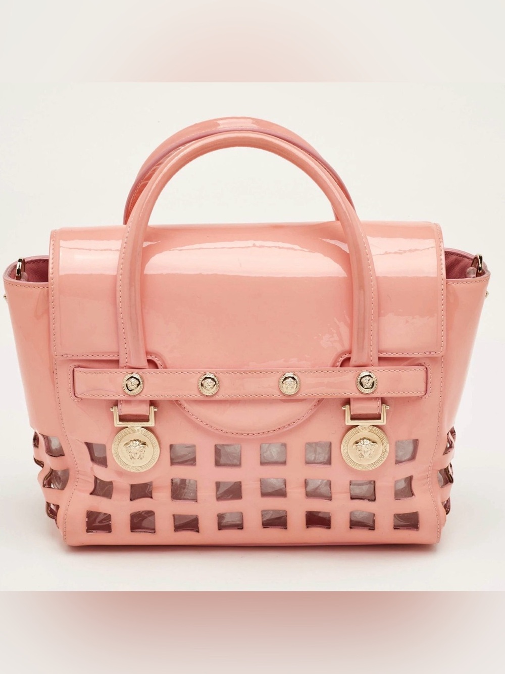 Versace Pink Patent Leather Medusa Cutout Satchel Crossbody Bag Golden Hardware - Picture 13 of 16